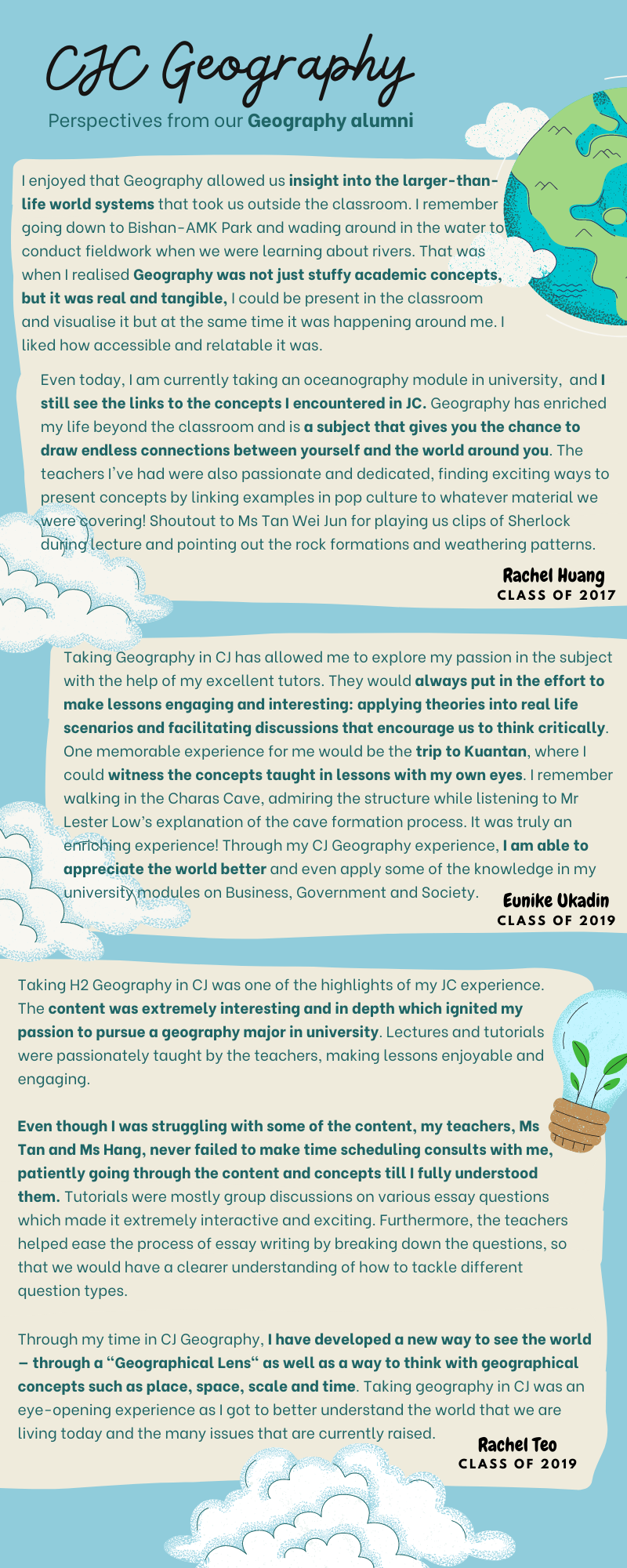 CJC Geography alumni perspectives poster with three student testimonials on a teal background with cloud and globe illustrations.